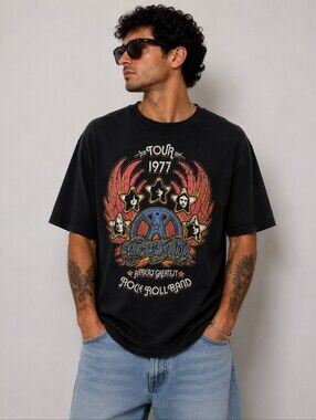 Aerosmith 1977 Tour Rock & Roll Band Black Graphic Tee Men's T-shirt XL NWT